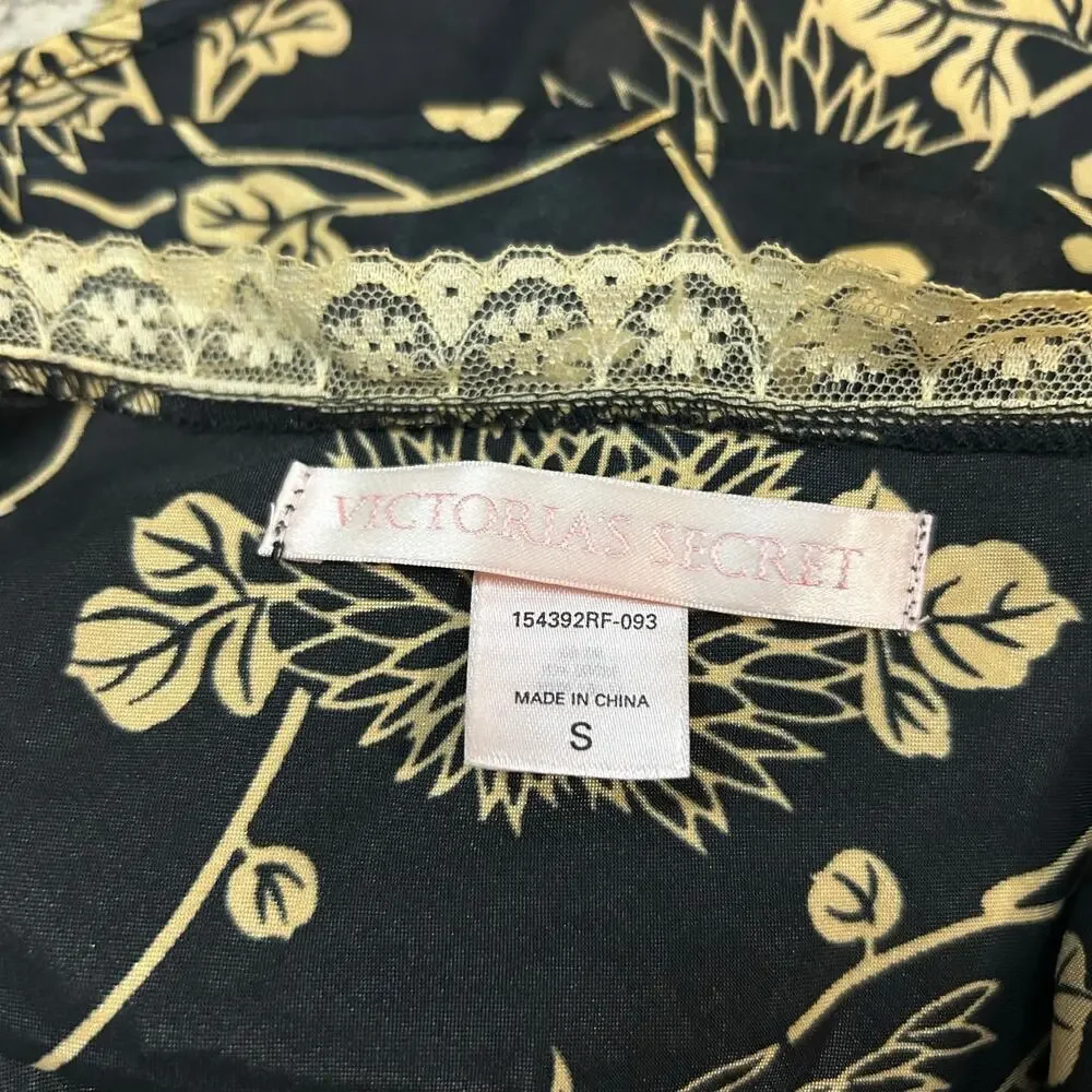 Y2K Victoria’s Secret Satin Floral Chemise Slip Black Gold Lace Trim Boudoir